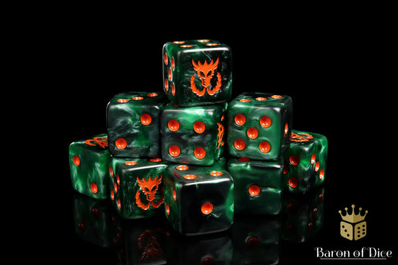 Baron Of Dice: 16mm D6 Flaming Drake 25pcs 16mm D6 Designs Baron of Dice 