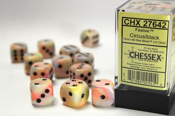 Chessex Festive Circus/black 16mm d6 Dice Block (12 dice) 16mm Dice Chessex 