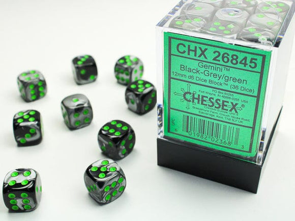 Chessex Gemini Black-Grey/green 12mm d6 Dice Block (36 dice) 12mm Dice Chessex 