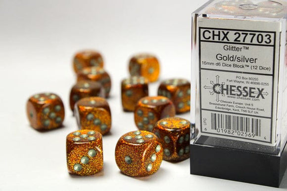 Chessex Glitter Gold/silver 16mm d6 Dice Block (12 dice) 16mm Dice Chessex 