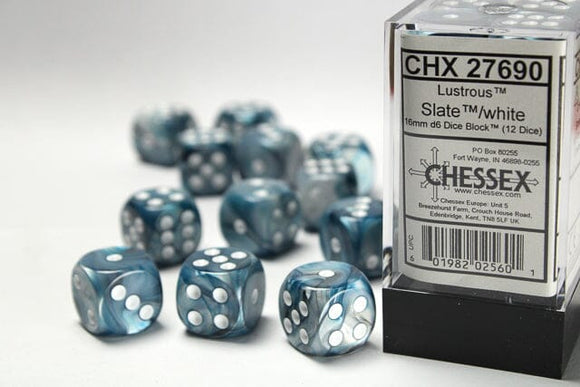 Chessex Lustrous Slate/white 16mm d6 Dice Block (12 dice) 16mm Dice Chessex 