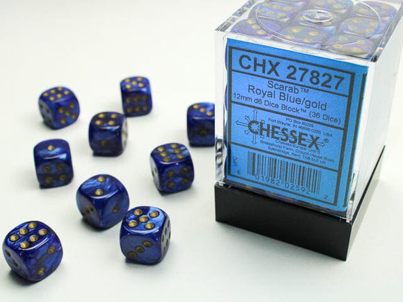 Chessex Scarab Royal Blue/gold 12mm d6 Dice Block (36 dice) 12mm Dice Chessex 