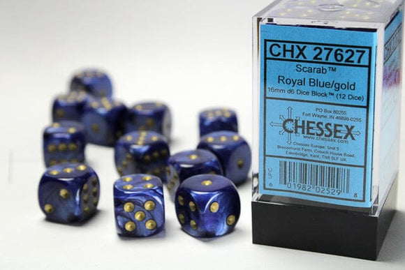 Chessex Scarab Royal Blue/gold 16mm d6 Dice Block (12 dice) 16mm Dice Chessex 