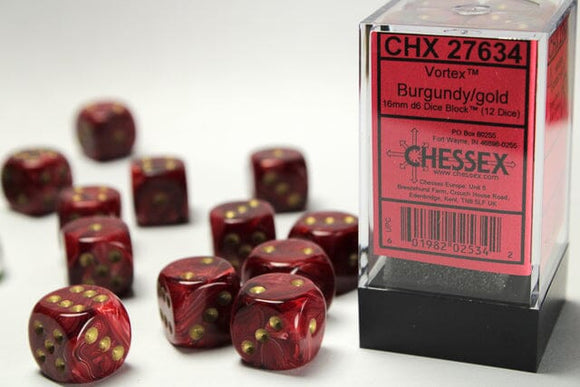 Chessex Vortex Burgundy/gold 16mm d6 Dice Block (12 dice) 16mm Dice Chessex 