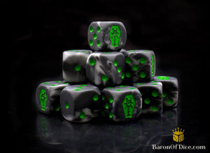 Baron Of Dice: 16mm D6, Day Of The Dead Green Coffin Dice 25pcs 16mm D6 Designs Baron of Dice