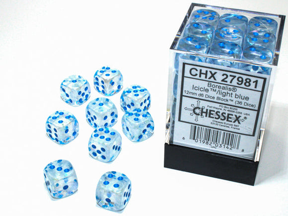 Chessex Borealis 12mm d6 Icicle/light blue Luminary Dice Block (36 dice) Borealis Chessex 