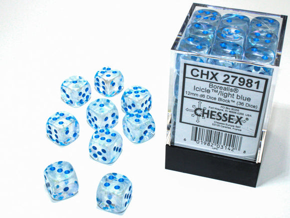 Chessex Borealis 12mm d6 Icicle/light blue Luminary Dice Block (36 dice) Borealis Chessex