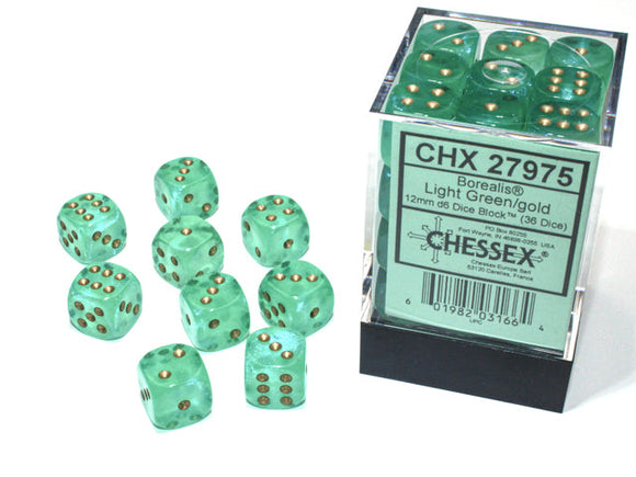 Chessex Borealis 12mm d6 Light Green/gold Luminary Dice Block (36 dice) Borealis Chessex