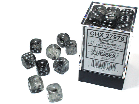 Chessex Borealis 12mm d6 Light Smoke/silver Luminary Dice Block (36 dice) Borealis Chessex 