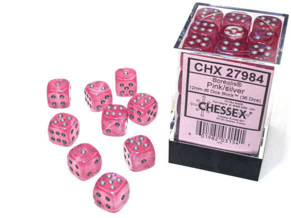 Chessex Borealis 12mm d6 Pink/silver Luminary Dice Block (36 dice) Borealis Chessex 