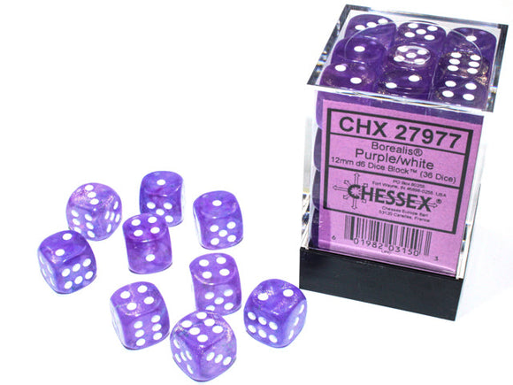 Chessex Borealis 12mm d6 Purple/white Luminary Dice Block (36 dice) Borealis Chessex 