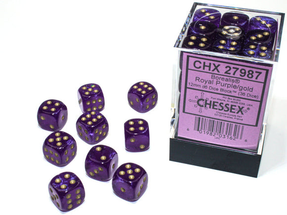 Chessex Borealis 12mm d6 Royal Purple/gold Luminary Dice Block (36 dice) Borealis Chessex 