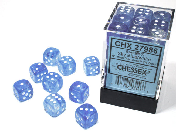 Chessex Borealis 12mm d6 Sky Blue/white Luminary Dice Block (36 dice) Borealis Chessex 