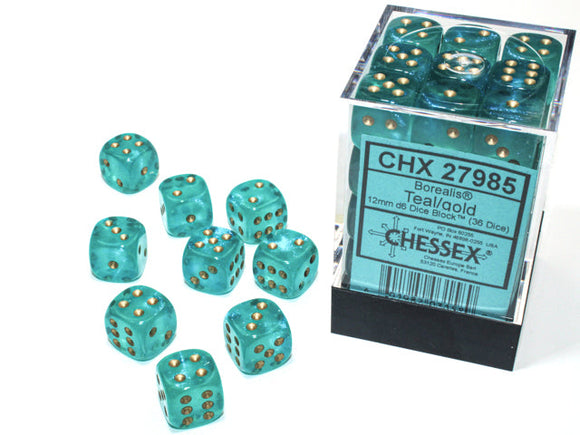 Chessex Borealis 12mm d6 Teal/gold Luminary Dice Block (36 dice) Borealis Chessex 
