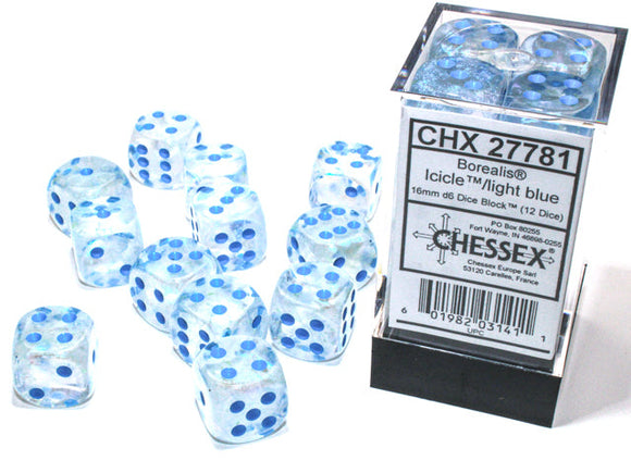 Chessex Borealis 16mm d6 Icicle/light blue Luminary Dice Block (12 dice) Borealis Chessex 
