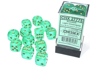 Chessex Borealis 16mm d6 Light Green/gold Luminary Dice Block (12 dice) Borealis Chessex