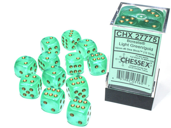 Chessex Borealis 16mm d6 Light Green/gold Luminary Dice Block (12 dice) Borealis Chessex 