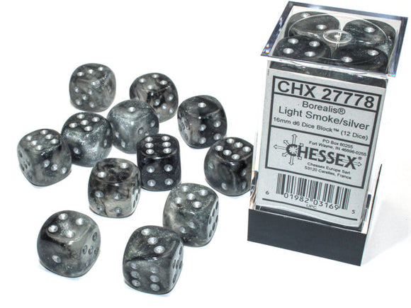 Chessex Borealis 16mm d6 Light Smoke/silver Luminary Dice Block (12 dice) Borealis Chessex 