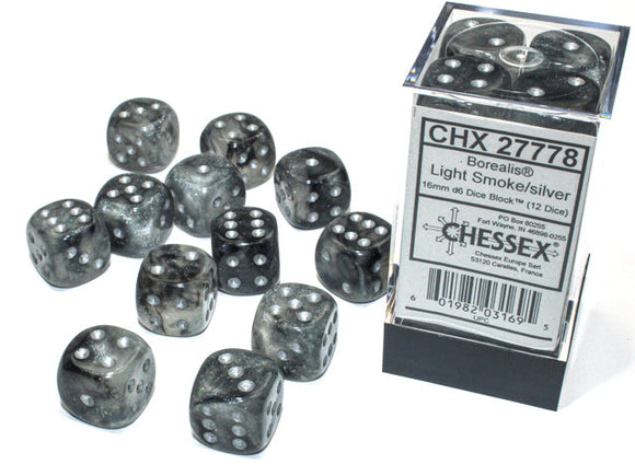 Chessex Borealis 16mm d6 Light Smoke/silver Luminary Dice Block (12 dice) Borealis Chessex