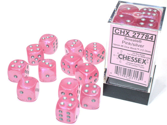 Chessex Borealis 16mm d6 Pink/silver Luminary Dice Block (12 dice) Borealis Chessex 