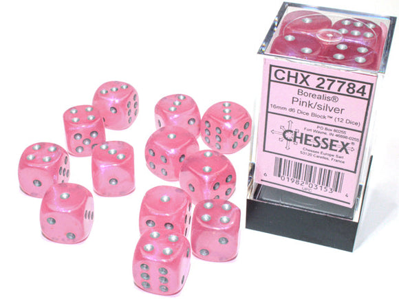 Chessex Borealis 16mm d6 Pink/silver Luminary Dice Block (12 dice) Borealis Chessex