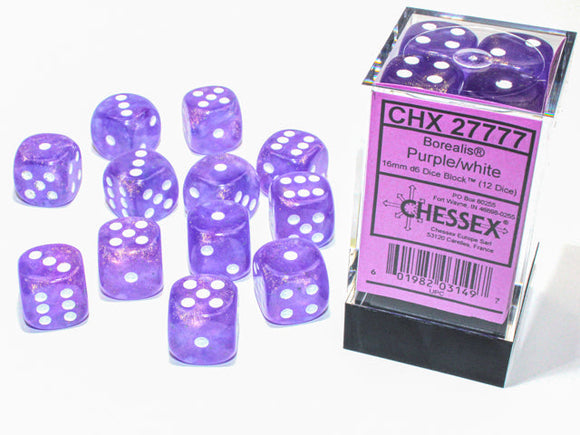 Chessex Borealis 16mm d6 Purple/white Luminary Dice Block (12 dice) Borealis Chessex 