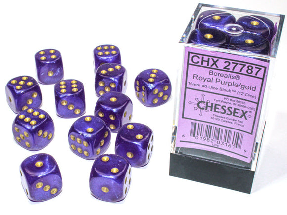 Chessex Borealis 16mm d6 Royal Purple/gold Luminary Dice Block (12 dice) Borealis Chessex