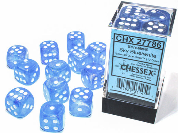Chessex Borealis 16mm d6 Sky Blue/white Luminary Dice Block (12 dice) Borealis Chessex 