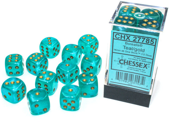 Chessex Borealis 16mm d6 Teal/gold Luminary Dice Block (12 dice) Borealis Chessex