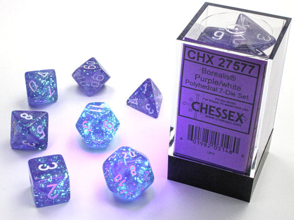 Chessex Borealis Polyhedral Purple/white Luminary 7-Die Set Borealis Chessex 