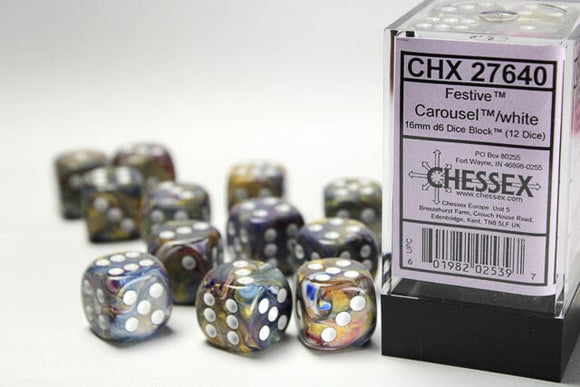 Chessex Festive 16mm d6 Carousel/white Dice Block (12 dice) 16mm Dice Chessex 