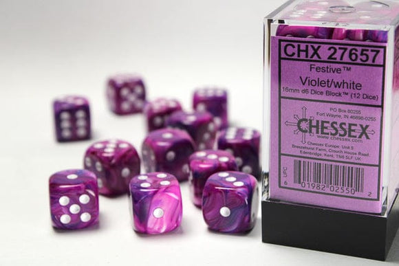 Chessex Festive 16mm d6 Violet/white Dice Block (12 dice) 16mm Dice Chessex