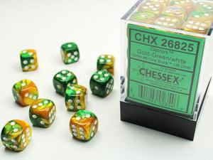 Chessex Gemini 12mm d6 Gold-Green/white Dice Block (12 dice) 12mm Dice Chessex