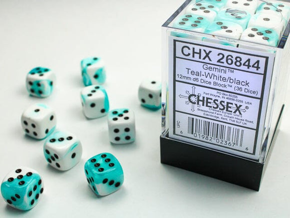 Chessex Gemini 12mm d6 Teal-White/black Dice Block (36 dice) 12mm Dice Chessex