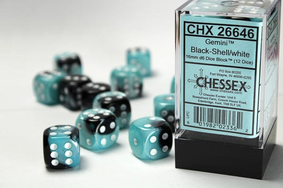 Chessex Gemini 16mm d6 Black-Shell/white Dice Block (12 dice) 16mm Dice Chessex 