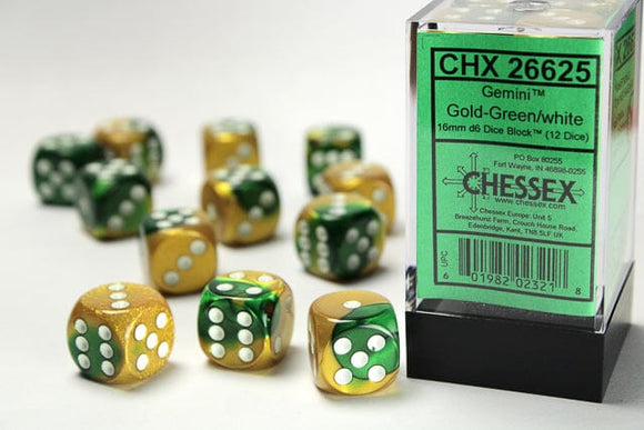 Chessex Gemini 16mm d6 Gold-Green/white Dice Block (12 dice) 16mm Dice Chessex 