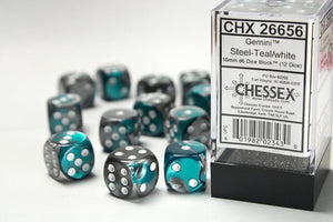 Chessex Gemini 16mm d6 Steel-Teal/white Dice Block (12 dice) 16mm Dice Chessex