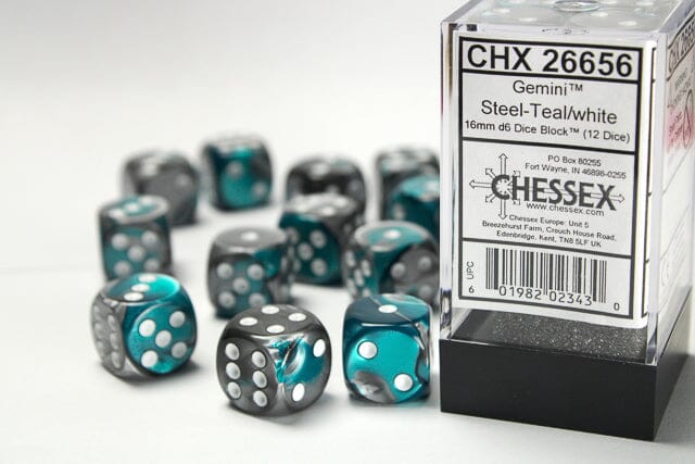 CHX-26656 Chessex Gemini 16mm d6 Steel-Teal/white Dice Block (12 dice)