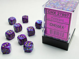 Chessex Lustrous 12mm d6 Purple/gold Dice Block (36 dice) 12mm Dice Chessex