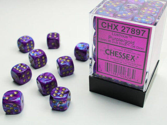 Chessex Lustrous 12mm d6 Purple/gold Dice Block (36 dice) 12mm Dice Chessex