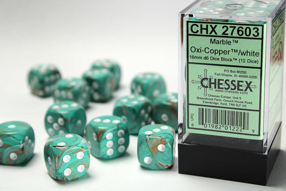 Chessex Marble 16mm d6 Oxi-Copper/white Dice Block (12 dice) Marble Chessex