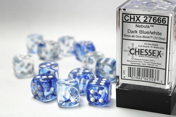 Chessex Nebula 16mm d6 Dark Blue/white Dice Block (12 dice) Nebula Chessex