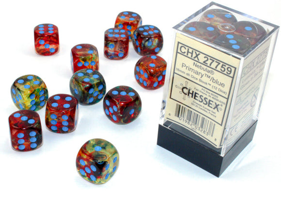 Chessex Nebula 16mm d6 Primary/turquoise Dice Block (12 dice) Nebula Chessex 