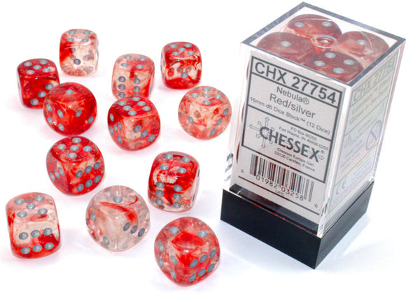 Chessex Nebula 16mm d6 Red/silver Dice Block (12 dice) Nebula Chessex 