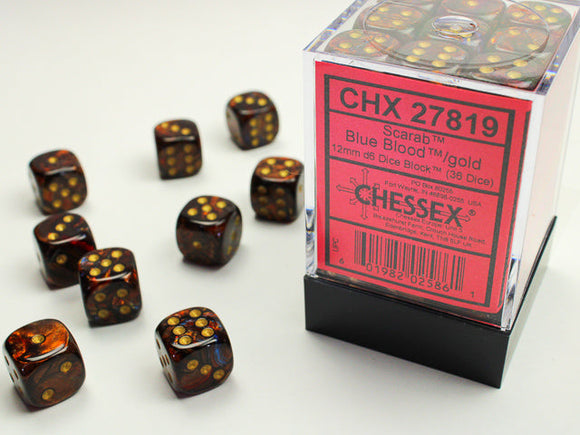 Chessex Scarab 12mm d6 Blue Blood/gold Dice Block (36 dice) Scarab Chessex