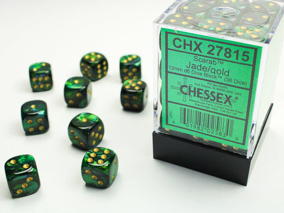 Chessex Scarab 12mm d6 Jade/gold Dice Block (36 dice) Scarab Chessex