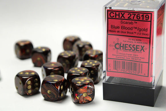 Chessex Scarab 16mm d6 Blue Blood/gold Dice Block (12 dice) Scarab Chessex