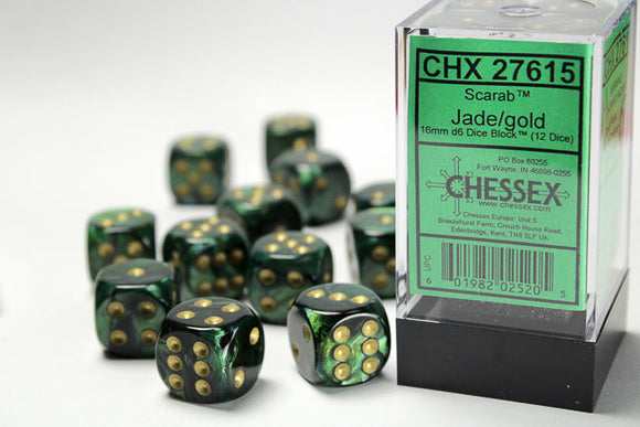 Chessex Scarab 16mm d6 Jade/gold Dice Block (12 dice) Scarab Chessex 