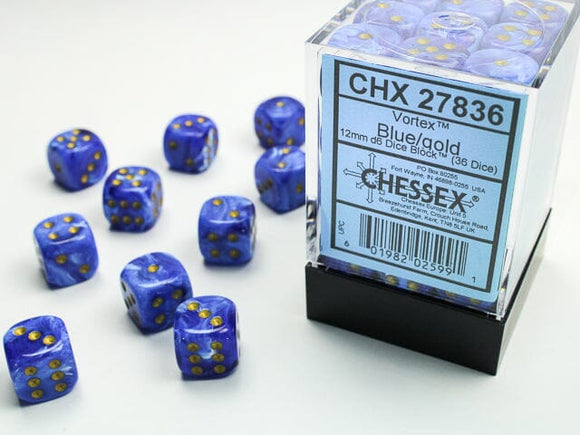 Chessex Vortex 12mm d6 Blue/gold Dice Block (36 dice) 12mm Dice Chessex