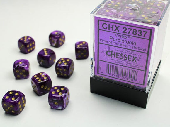 Chessex Vortex 12mm d6 Purple/gold Dice Block (36 dice) 12mm Dice Chessex